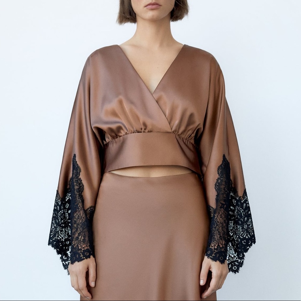 NEW ZARA SATIN LACE KIMONO BLOUSE - XS